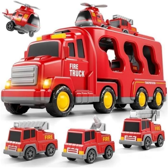 Camion Pompier 5 En 1 Avec Son Et Lumière – 1 Grand + 4 Petits Véhicules, Friction, Pour 3-6 Ans