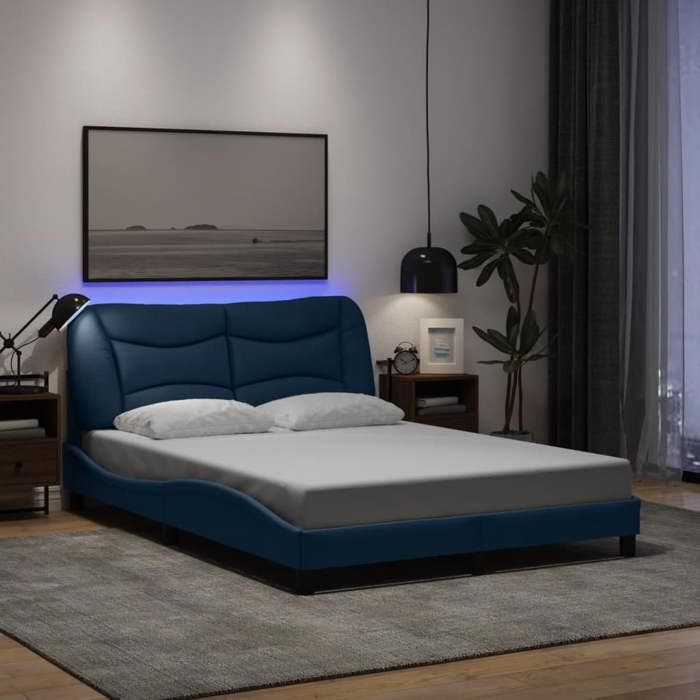 Cadre de lit double avec LED-Lit adulte contemporain-sans matelas-bleu 140x190 cm tissu BDMF00449225387
