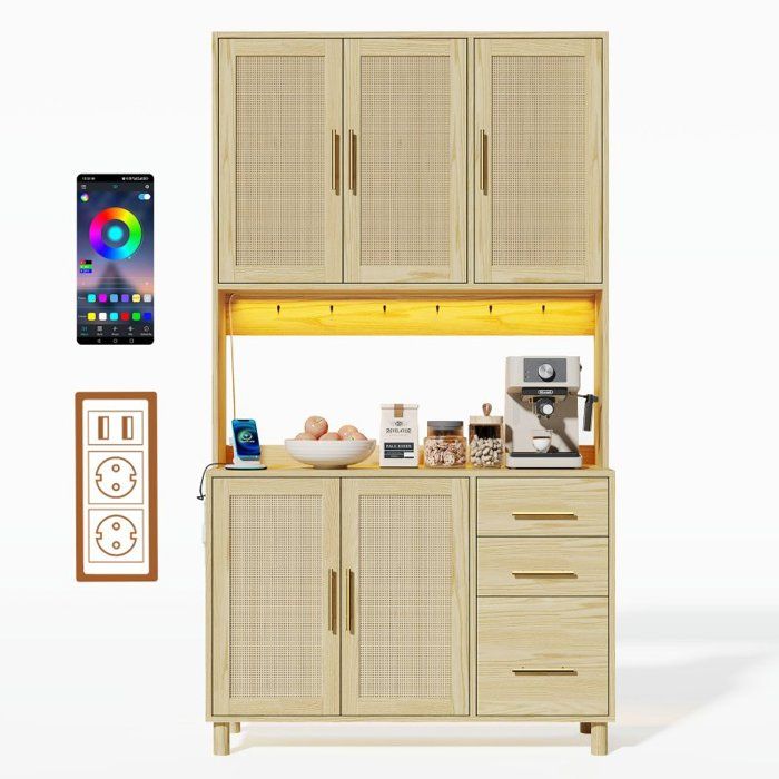 Buffet haut - LANGTU - Buffet 183 cm - LED multicolore contrôlable par application - 2 USB & 2 prises - Rattan