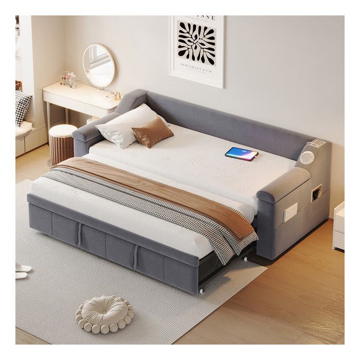 Lit gigogne 90x190 cm avec USB et chaîne stéréo Bluetooth intelligente Canapé-lit avec sommier à lattes Gris Velours