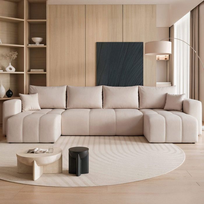 Canapé Panoramique PEDRO - 7 places - Convertible avec Coffre - Tissu Velours - Beige