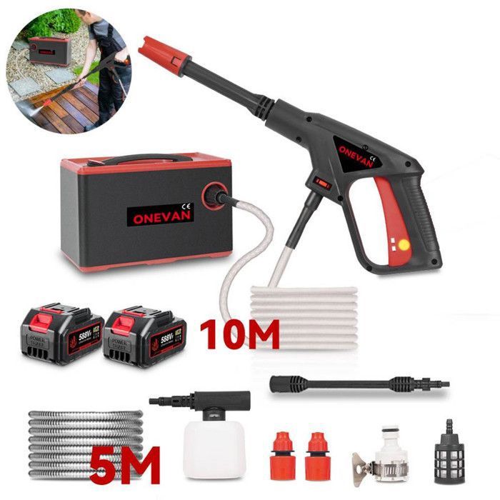 ONEVAN Nettoyeur haute pression sans fil 100 Bar 28 L/min 2X 3000mAh Batteries