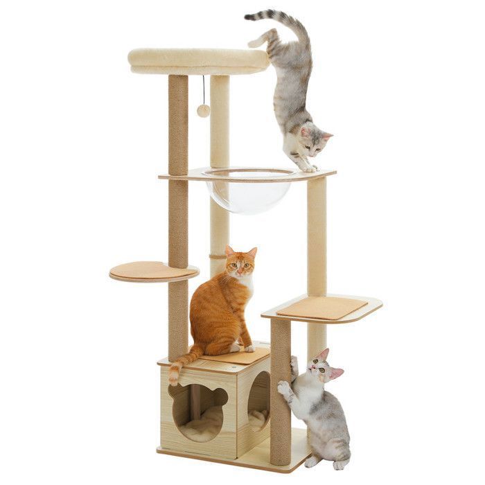 Meilleurs prix pour PAWZ Road Arbre à Chat 135 cm en Bois Solide avec Griffoirs Sisal Hamac Acrylique et Coussin Amovible Beige