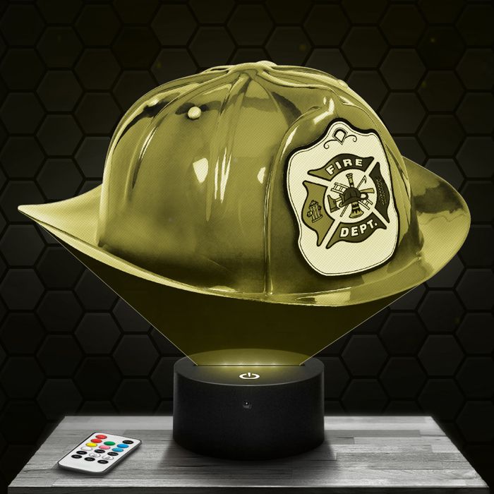 Lampe 3D - Casque de Pompier Américain - Accessoire Objet Cadeau Pompier - Veilleuse Led Tactile avec socle au choix
