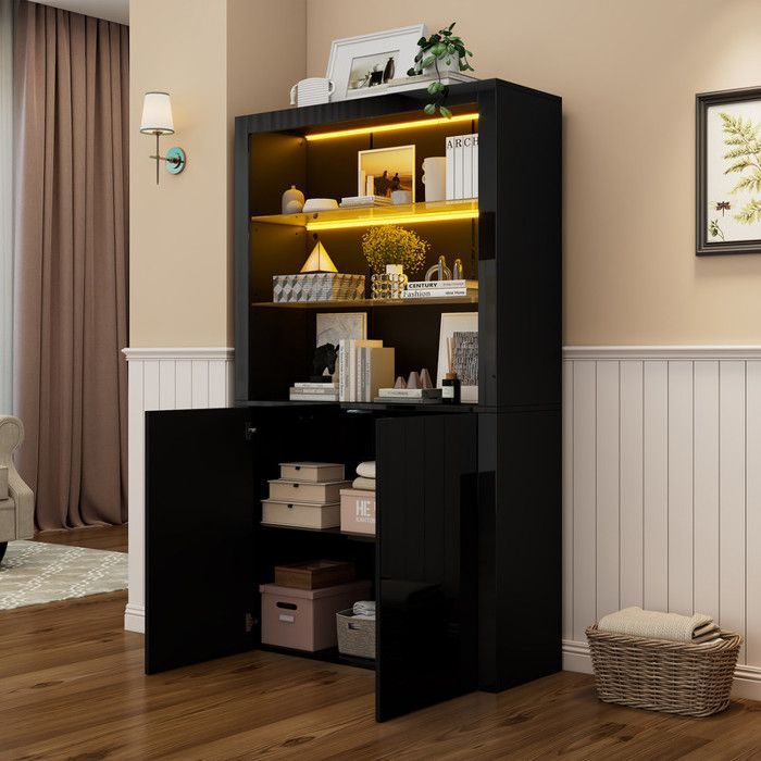 Armoire de rangement moderne laquée brillante armoire haute avec éclairage LED étagères en verre à 2 niveaux 100×35×170 cm