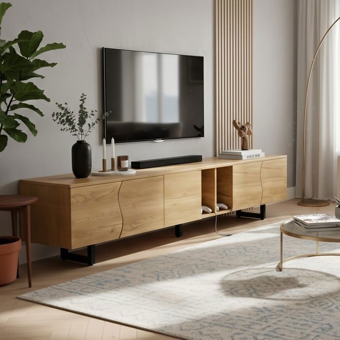 Meuble TV 191cm Bois Naturel - AMBIANCE - 5 Portes Incurvées - Cadre ...