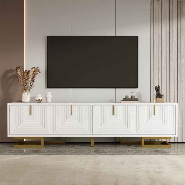 Nouveaux matériaux écologiques Armoire TV Lowboard avec portes structurées meubles TV poignées dorées et jambes dorées