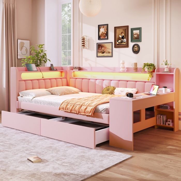 Canapé Lit 140x200 avec Ports USB et Éclairage LED Lit 2 Places avec Bureau et 2 Tiroirs Lit Double pour Enfant Adulte Ados Rose