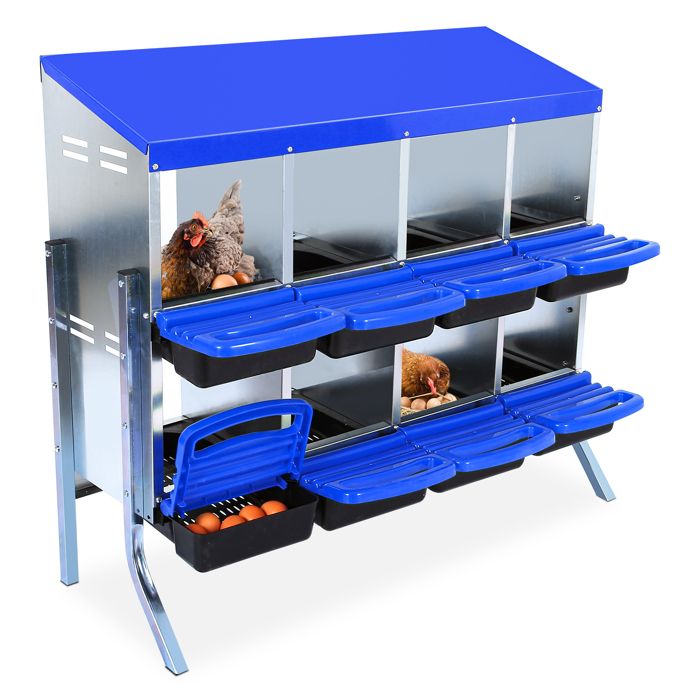 Pondoir Poules Pondeuses 8 Compartiments Poulailler en Métal Bac de Récupération Ponte Anti-rouille Pied Pondoir Bleu