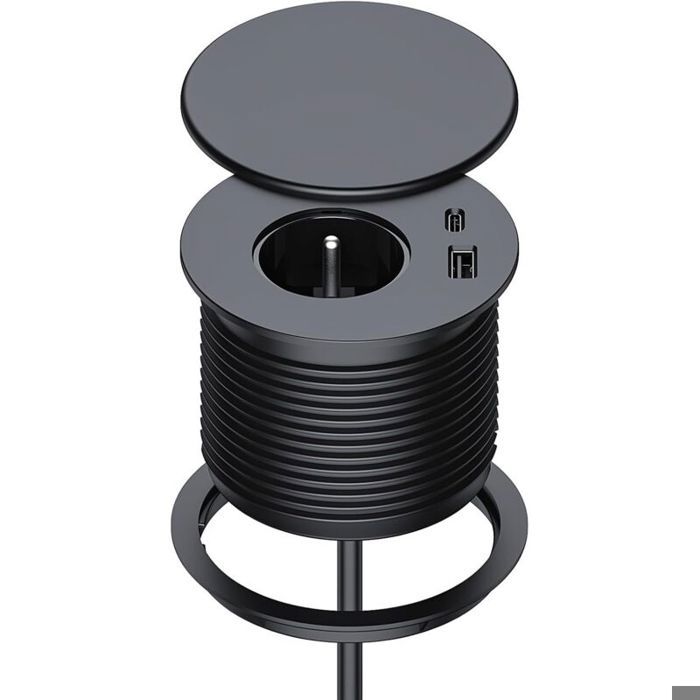 Bloc Prise Encastrable Multiprise Encastrable avec 1 Prise 1 Port USB C 1 Port USB A 75 mm de Diamètre 15M de Câble Prise