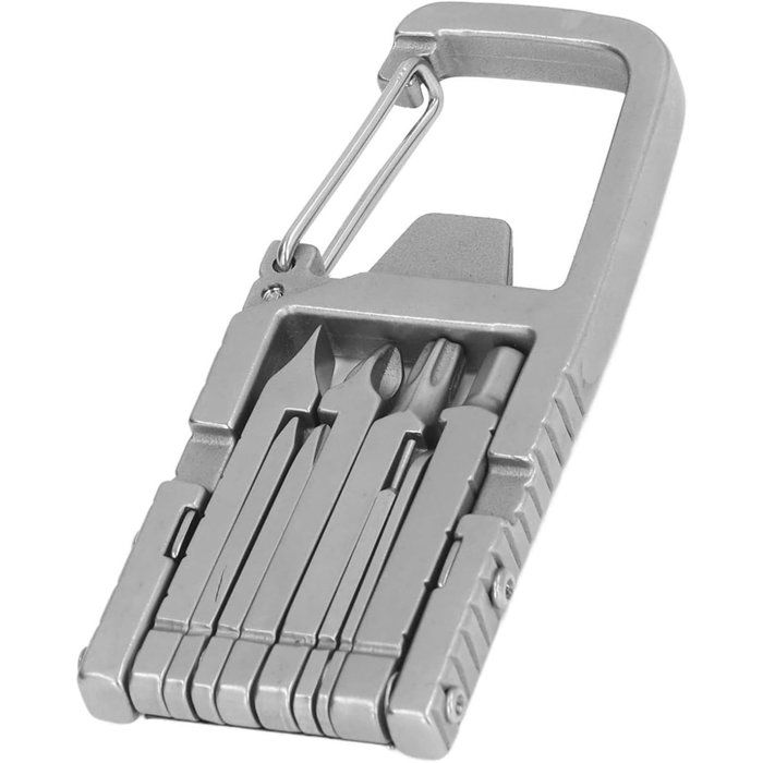 Multitool mousqueton 12-en-1 inox - porte-clés outdoor - ouvre-bouteille - tournevis - camping argent