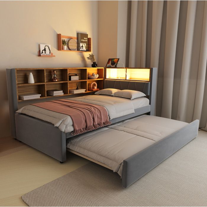 Lit Combiné Simple 90×200 cm et 90×190 cm avec LED USB Type-C prise et rangements sans matelas - UVRION
