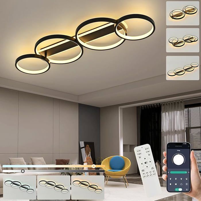 Plafonnier LED Moderne Lampe de plafond 60W 3000K-6000K Lampe Lustre avec Noir 4 anneaux ronde design Chambre Eclairage LUSTRE