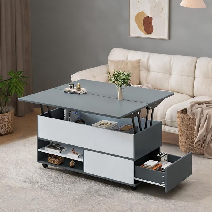 Table basse relevable gris classique 100x98x65 cm avec rangement dissimulé et style contemporain