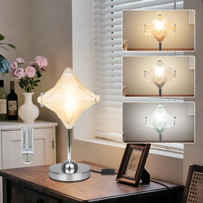 Lampe Bureau Lampe Chevet Enfant Abat-Jour Verre Pied Métal Chromé E27 Ampoule LED 12W 3 Couleurs