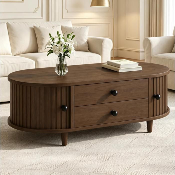 ROVRYN Table basse ovale 100 x 50 x 36 cm coloris noyer avec 2 tiroirs et porte roulante en MDF