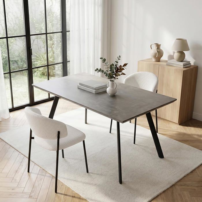 JIEXI Ensemble table de salle à manger et 2 chaises 120 cm table de cuisine en MDF gris avec chaises en velours côtelé blanc