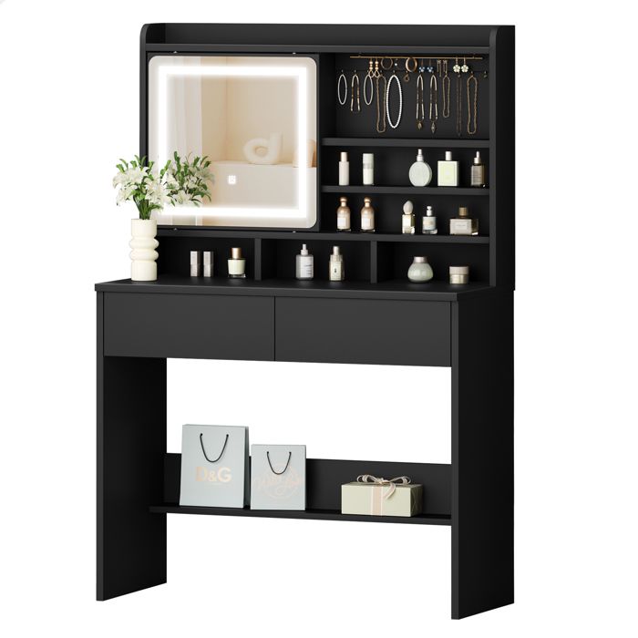 Coiffeuse ALFORDSON avec miroir et éclairage meuble de rangement avec 2 tiroirs et porte-bijoux commode de chambre noire