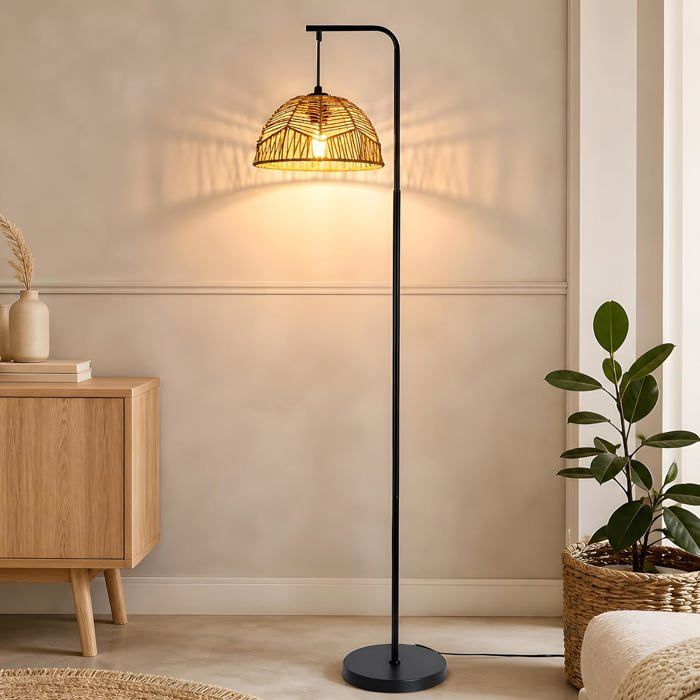 Lampadaire arc boho rotin vintage E27 interrupteur au pied 164cm salon chambre bureau terrasse