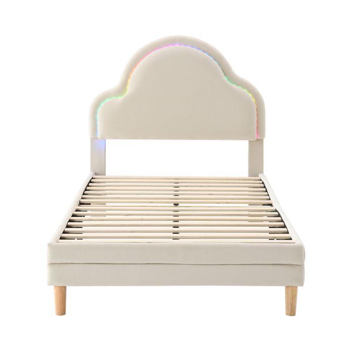 Lit enfant 90x200 cm beige en velours avec tête de lit nuage et éclairage LED multicolore sommier à lattes en bois