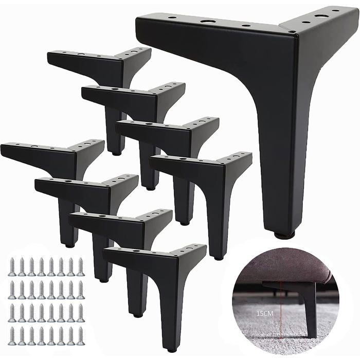 Pieds de meuble métal noir 15 cm - lot de 8 - fer forgé 1.8 mm - charge 600 kg - fixation 12 cm