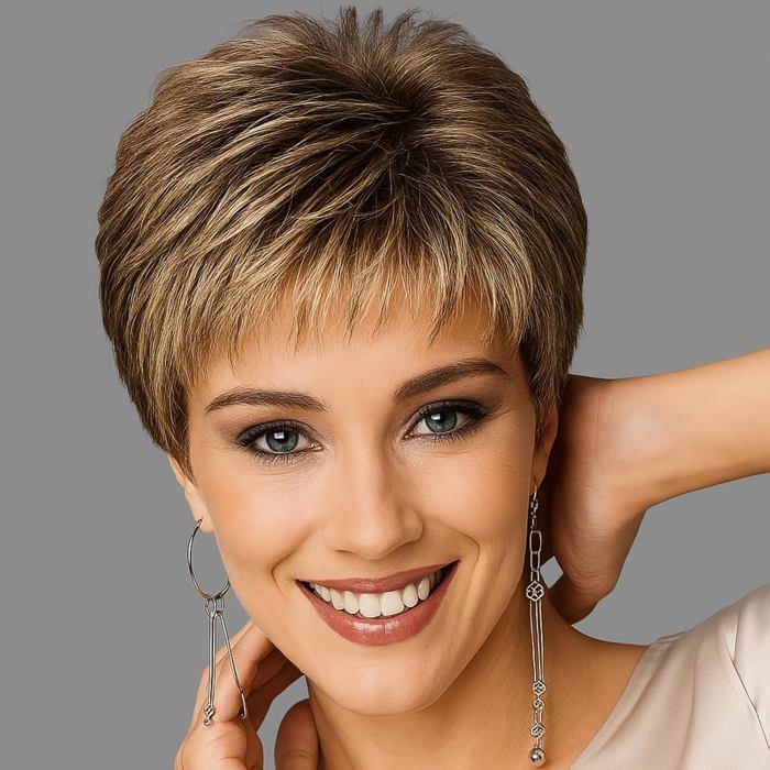 Perruque Elfe Marron Doré Pour Femme Perruque Courte Avec Frange Cheveux Courts Duveteux À La Mode Et Naturels[BI97]