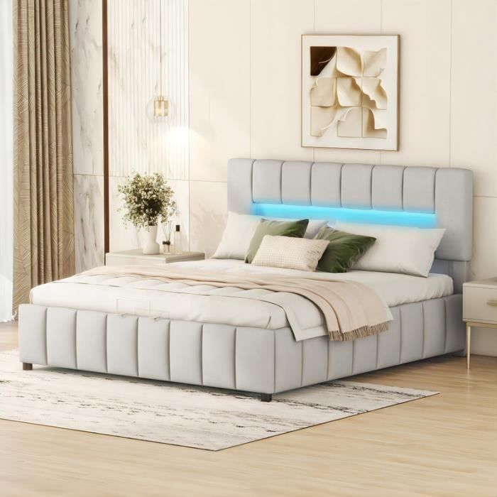 Lit Double 180x200 Cm Avec Rangement Hydraulique – Tête De Lit Capitonnée, Ports USB/Type-C – Sans Matelas