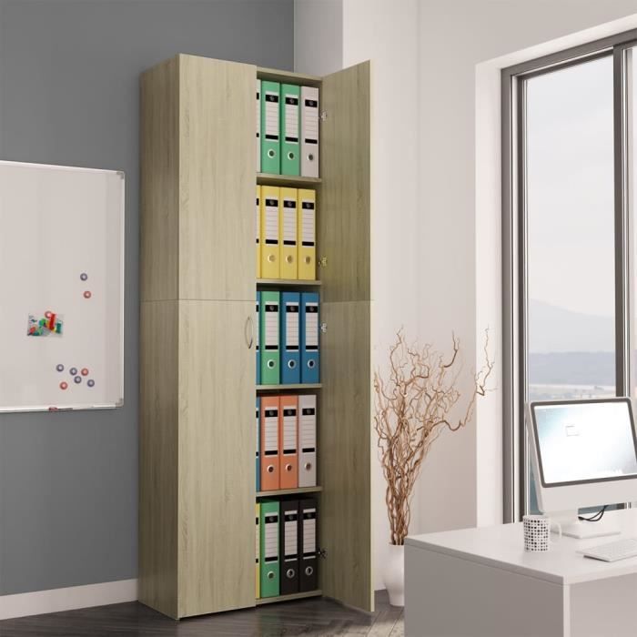 Armoire de bureau - AKOZON - Chêne sonoma - 60x32x190 cm - 5 étagères - 2 portes