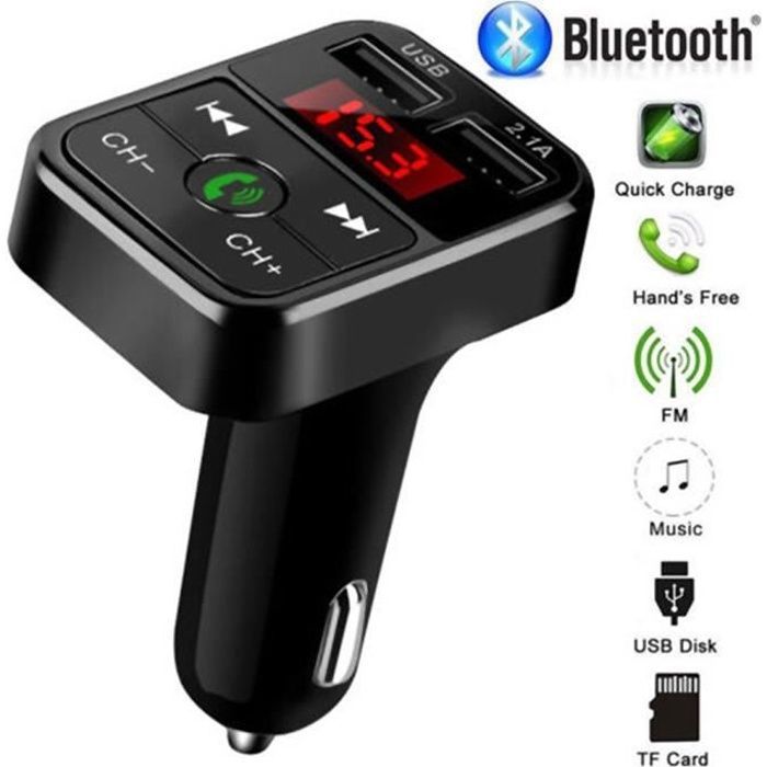 Transmetteur FM Bluetooth,Techken Récepteur FM Transmetteur Sans Fil FM Adaptateur pour Voiture avec 1 Port USB Chargeur de Voiture,Support Carte TF,Main Libre,USB Chargeur 