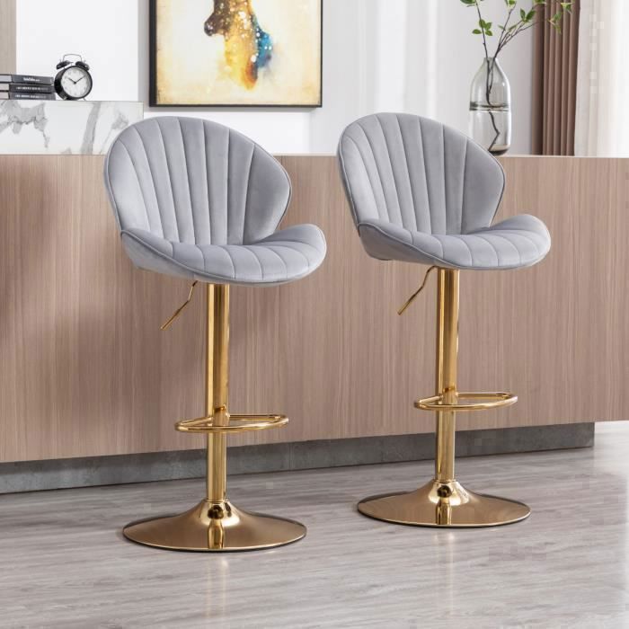 Wahson Tabouret Bar Lot de 2 Tabouret Bar Réglable Chaise Bar Haute avec Pieds en Métal pour Cuisine et Comptoir Velours Gris