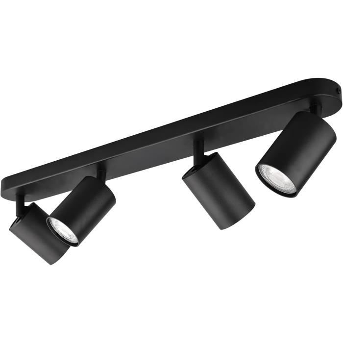 Plafonnier LED à 4 Spots Orientables - Rotations 340°, Lumière Blanche Chaude 3000K, Dimmable, Ampoules GU10 Incluses, Pour Cuisine, Salon, Chambre, Couloir (style Industriel Noir)