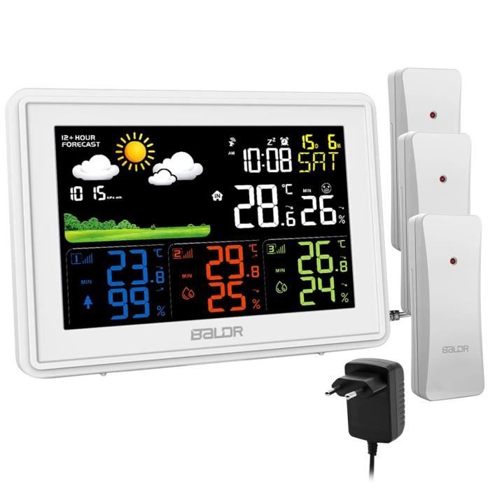 Jely Station Meteo Interieur Exterieur Sans Fil Station Meteo Connectee Avec Capteur Exterieur Thermometre Hygrometre Avec Previsions Meteo Calendar Numeriques LCD Ecran Retroeclairage Reveil Snooze