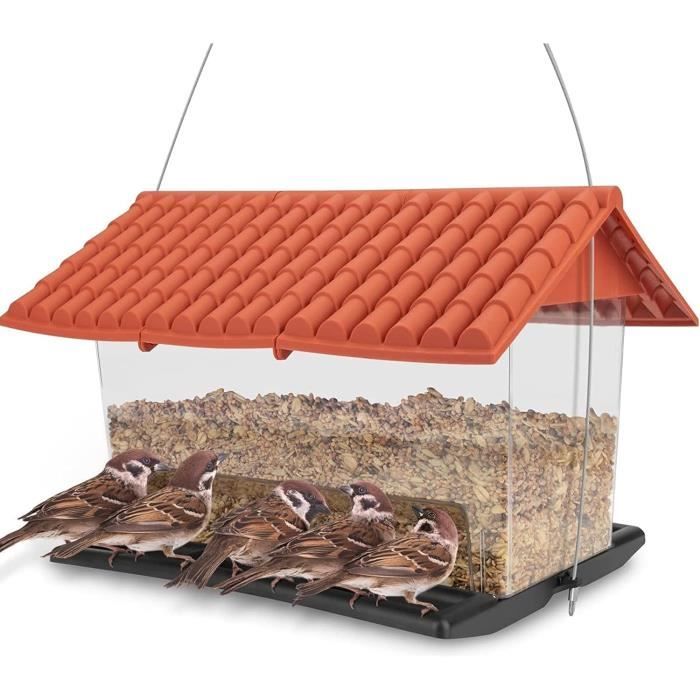 Mangeoire Grande Capacité Plateforme Mangeoire Oiseaux Suspendue En Bois - 39x27 Cm - Toit Bardeaux - Protection Intempéries - Balcon Jardin Mangeoire Résistante Intempéries