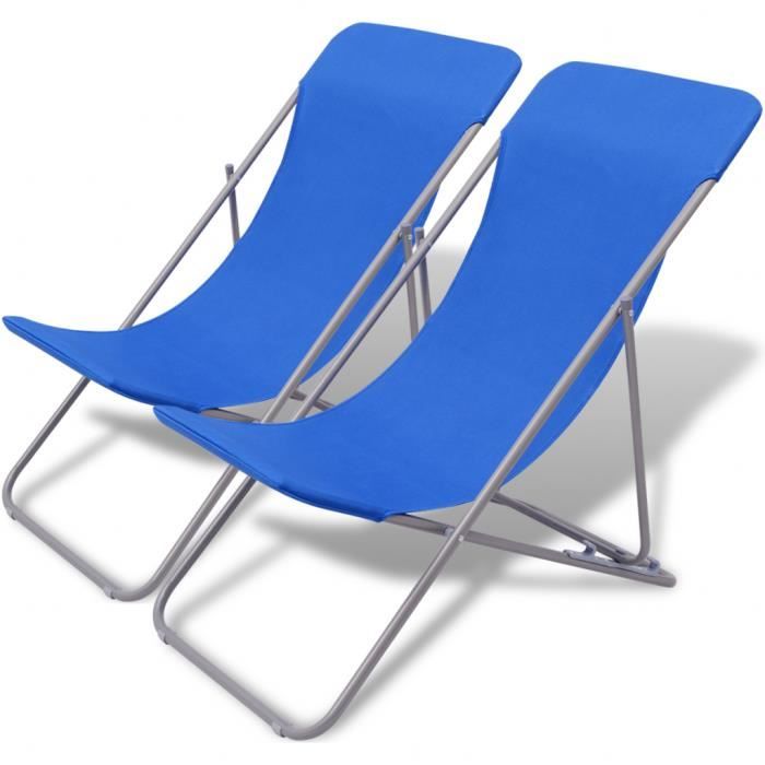vidaXL Chaise de Plage Pliable 2 pcs Bleu Ensemble de chaises pour Camping randonnée 