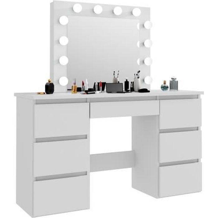 Table de maquillage d'angle coiffeuse avec miroir et led + tabouret gris  clair ML DESIGN Pas Cher 