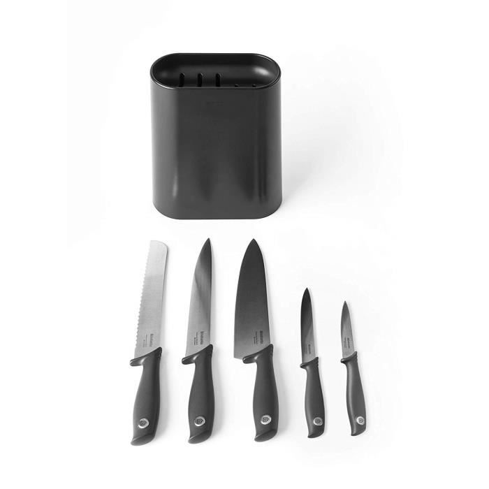 Brabantia (BRAA3) Brabantia - Bloc de couteaux plus 5 couteaux : d'office, tout usage, à pain, du chef et de cuisine - Dark Grey - 1