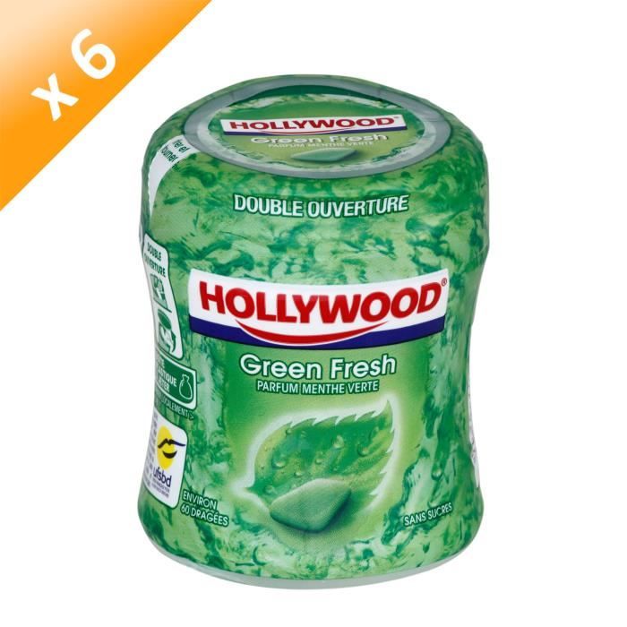 Hollywood Greenfresh Bottle menthe verte chewinggum sans sucres 60 dragées LOT DE 6