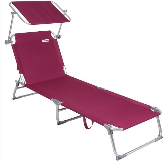 Casaria Chaise Longue Pliable Ibiza Rouge Dossier réglable Pare-Soleil intégré Compacte et transportable Toile imperméable