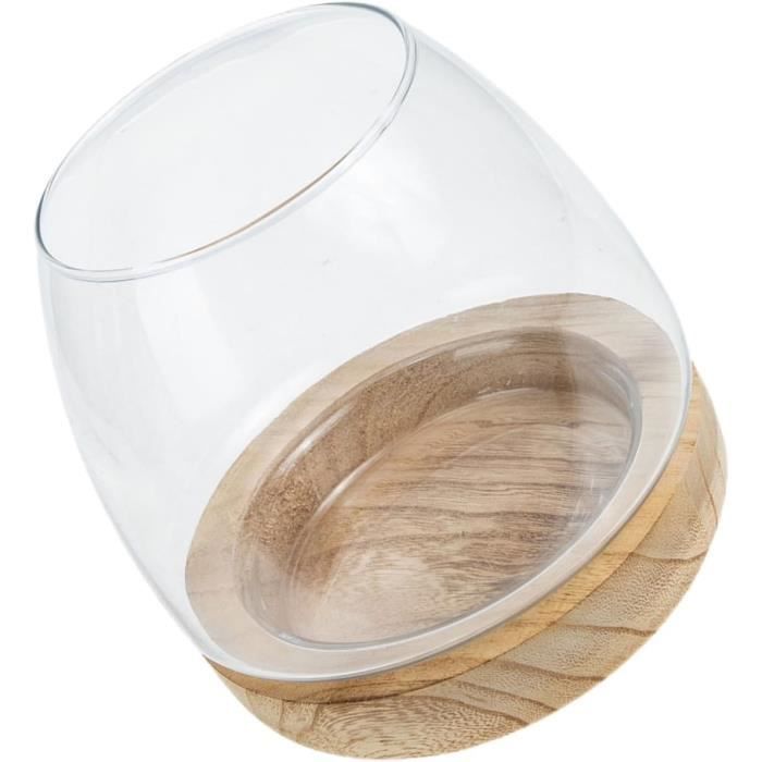 Bol À Poisson En Verre Transparent Avec Base En Bois, Mini Bol À