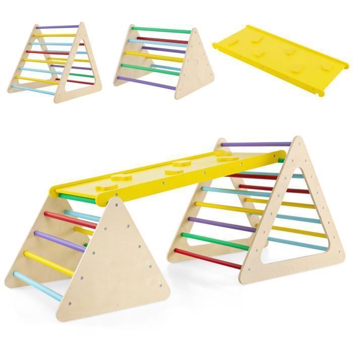 FANTASK Équerre D'escalade 3 En 1 – Triangle En Bois De Hêtre – Réglable 3 Inclinaisons – Plage Et Rampe – Dès 3 Ans