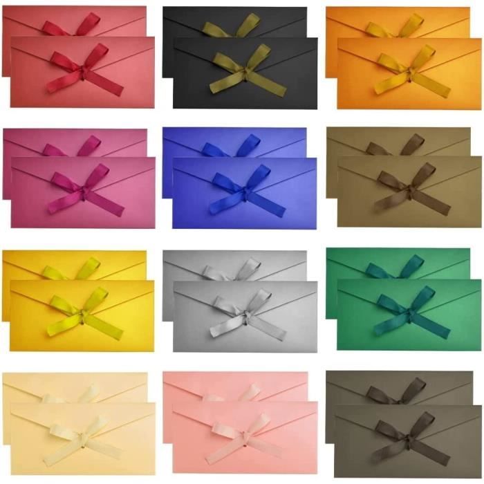 XQEUMC Lot de 10 enveloppes colorées en papier kraft vintage avec nœud pour invitations de mariage, cartes cadeaux, jour de Noël, anniversaire, invitations, 22 x 11 cm (10 couleurs