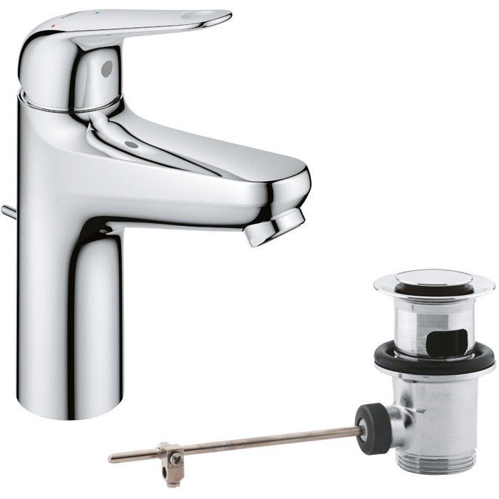 Grohe Mitigeur monocommande lavabo - Swift - 24328001 - Chromé - Taille M - Ouverture Eau Froide - Economie deau -Tirette et vidage