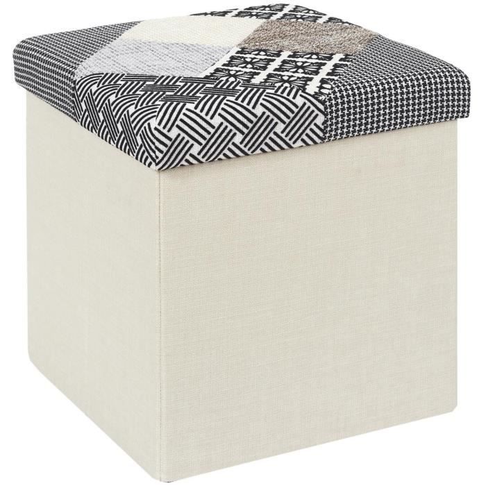 home deco factory hd7491 pouf coffre de rangement pliable carré patchwork gris blanc noir et beige h38 x 38 x 38 cm