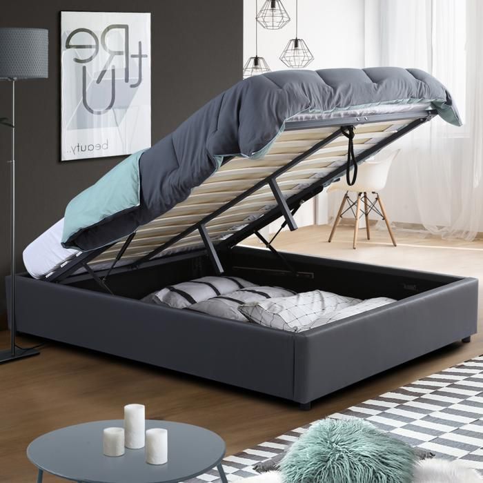 IDMARKET Lit coffre double MIAMI avec sommier 160 x 200 cm PVC gris IDMARKET Lit coffre double MIAMI avec sommier 160 x 200 cm PVC gris