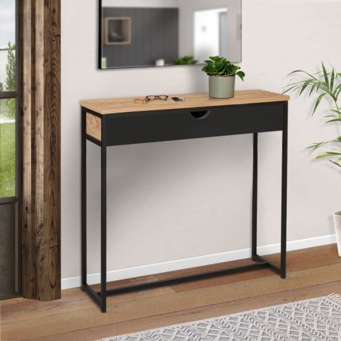 IDMARKET Console 1 tiroir noir BOSTON design industriel