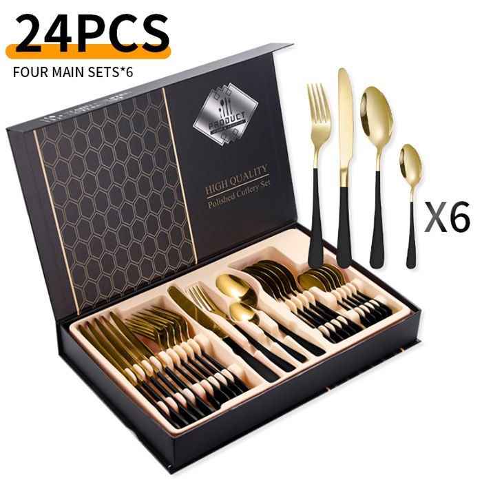 Ménagère 24 pièces Noir Or avez boîte-cadeau Ensemble de Couverts pour 6 Personnes