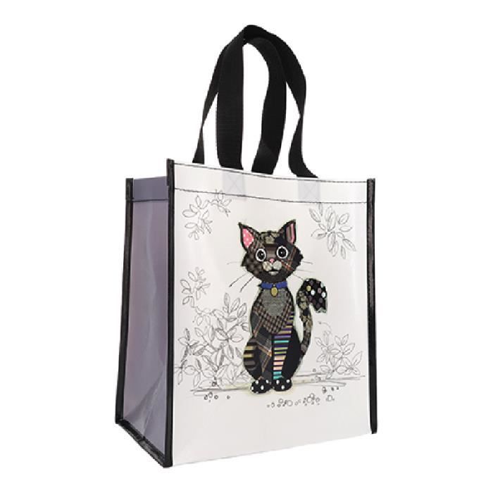 Cabas de courses en matière recyclée - motif Chat noir assis tranquillement  - format 30*26 cm avec épaisseur de 16CM