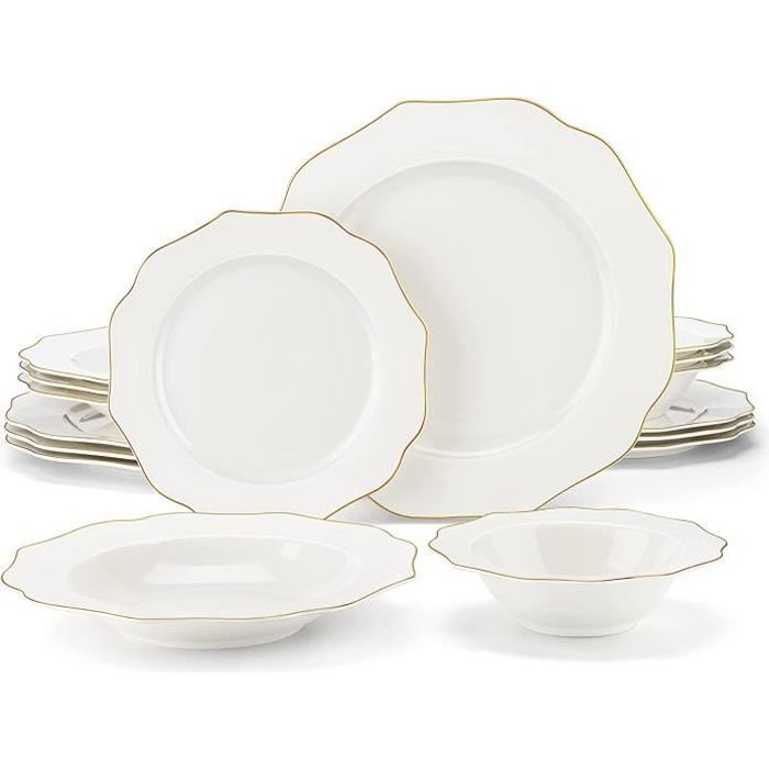 MALACASA Vaisselle Série Lotus-GT, 16 Pièces Service Complet de Table en  Porcelaine avec bord doré pour 4 Personnes - Blanc - Cdiscount Maison