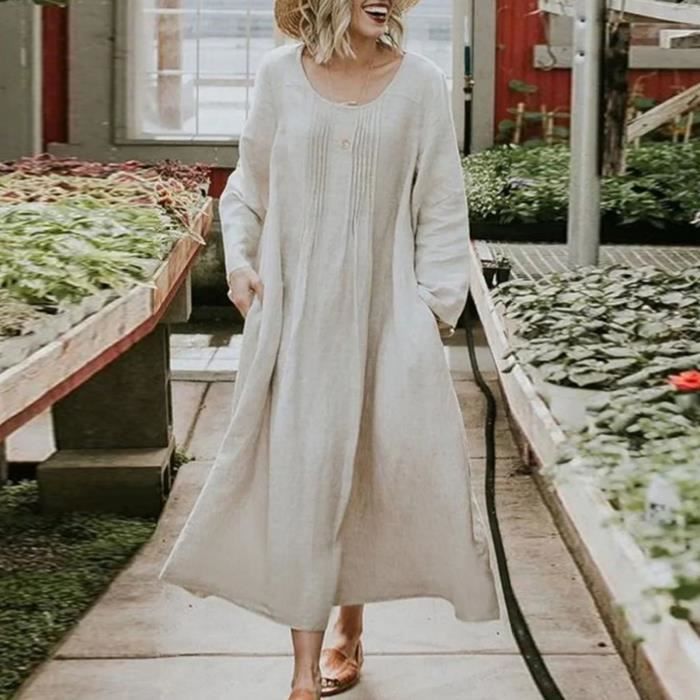 Robe Longue Loose pour Femme Couleur Unie Col Rond Manches Longues avec Poches pour Automne Beige Cdiscount Pret a Porter