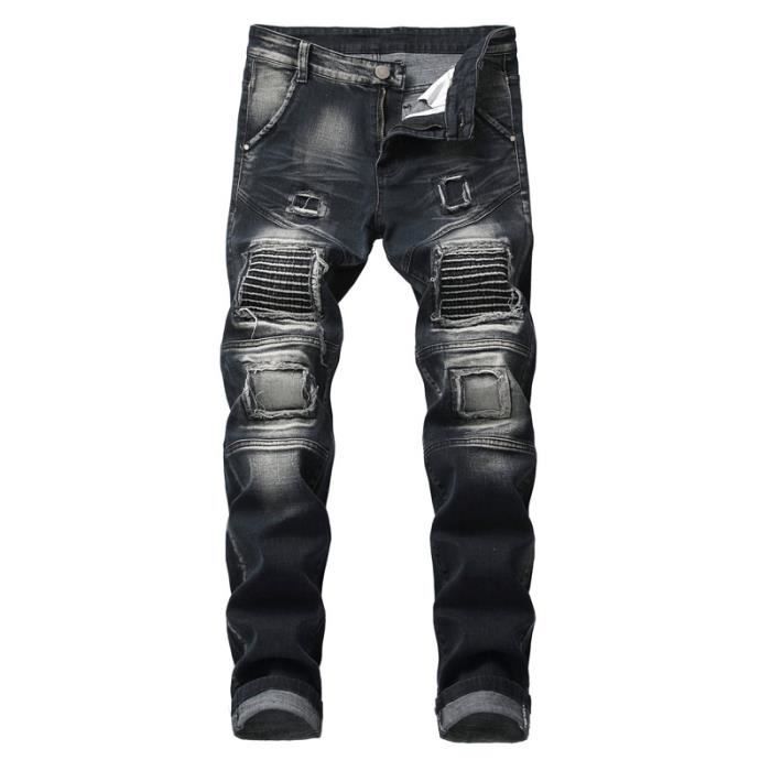 Jeans homme de marque luxe Jeans Patch a bride de slim Personnalite slim Jeans Trou Pantalon Vetement Masculin Noir